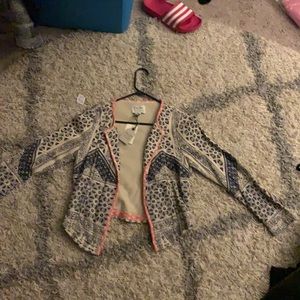 NBW Lucky Lotus printed blazer size medium cream blue and pink accents